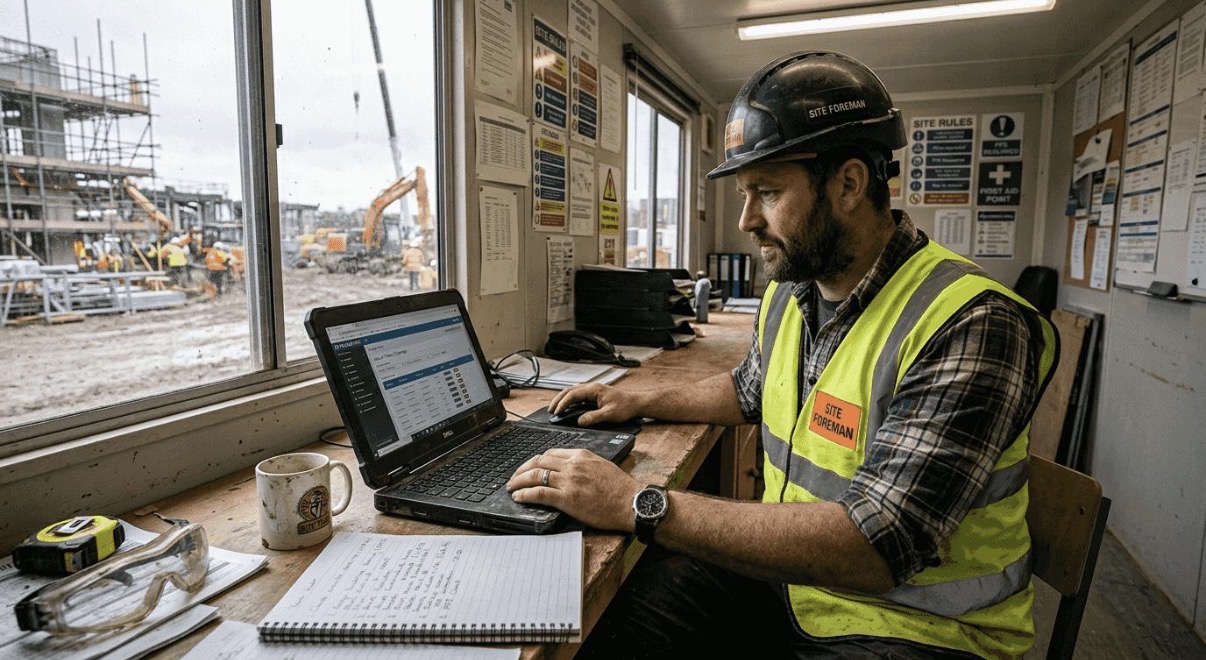A foreman reviewing a JSA on a laptop