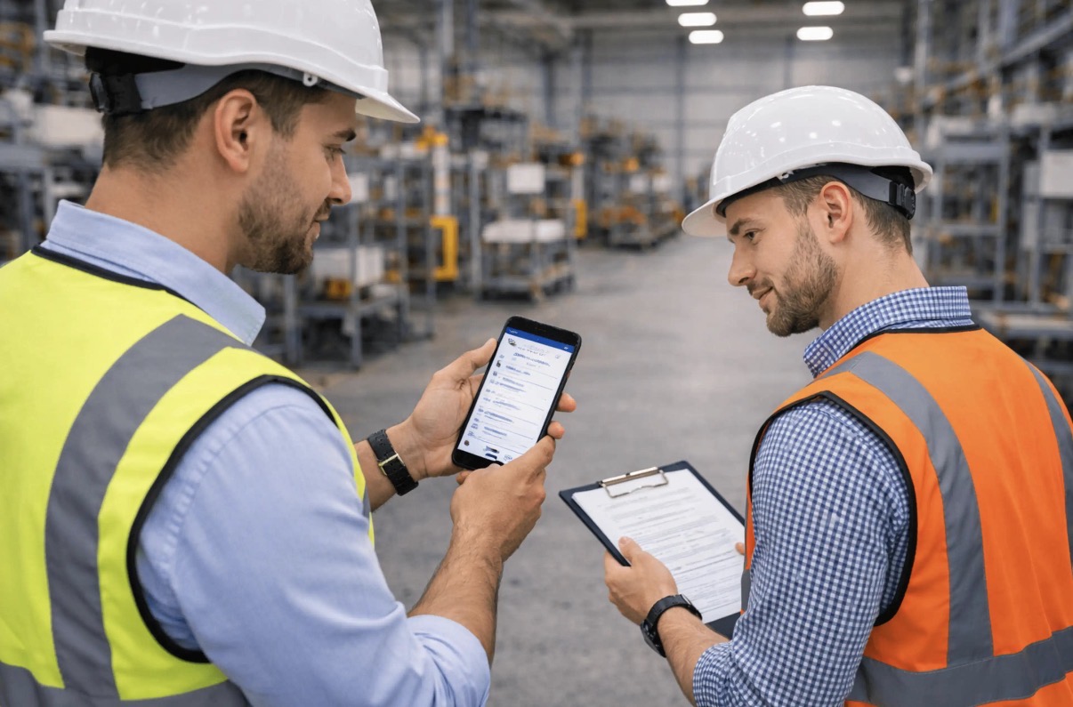 Two workers retrieving JSA records on tablets